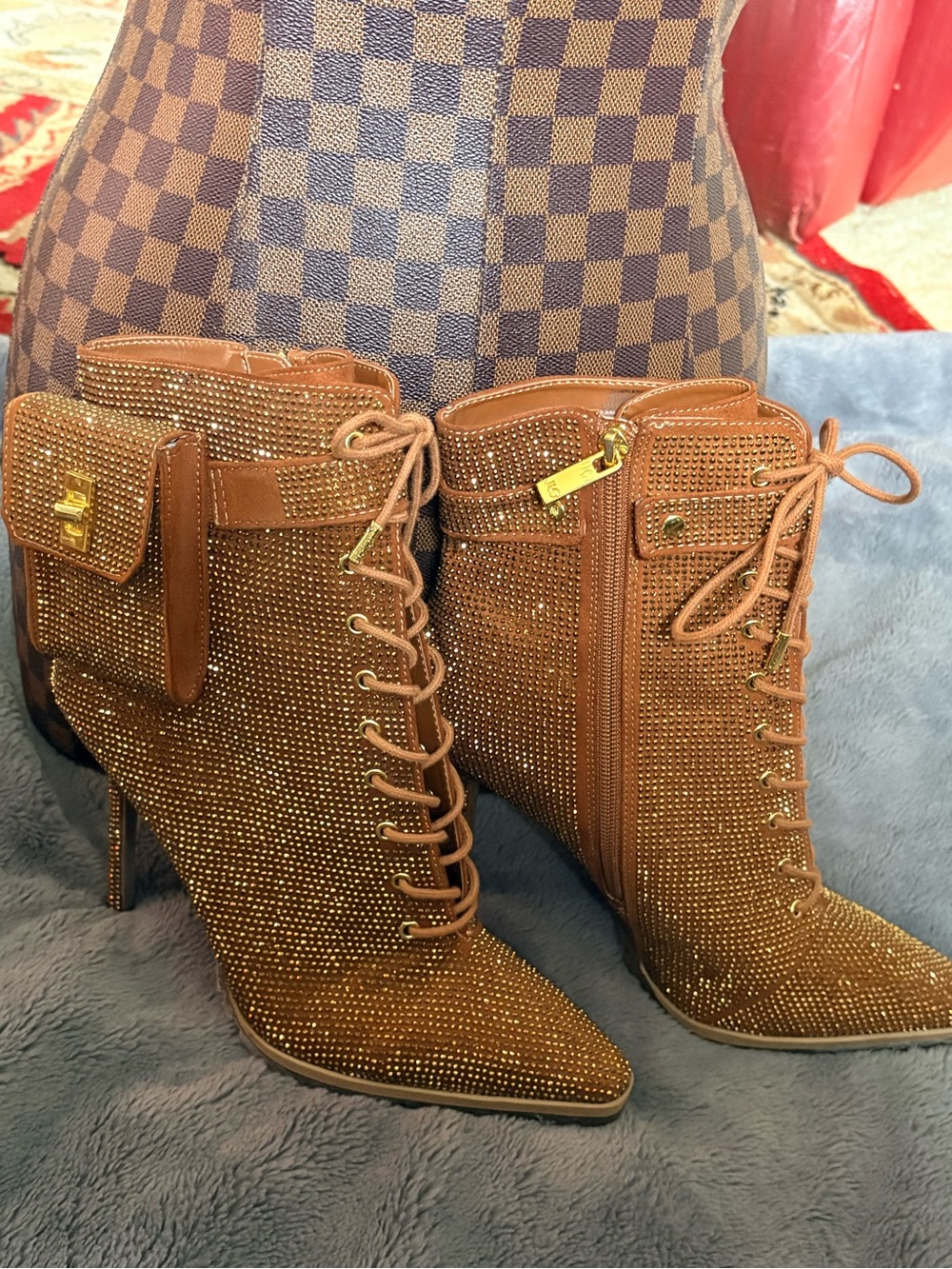 Jennifer Lopez Brown Crystal Lace-Up Stiletto Boots